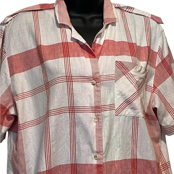 🍀2/$22 Vintage 80s Red White Plaid Short Sleeve Button Down Blouse Womens Medium - Picture 3 of 9
